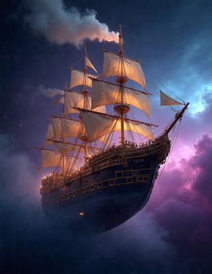 The primary subject of the image is a large sailing ship with a blue hull, flying through the sky. The ship is adorned with a white sail, and it appears to be a digital art or illustration. The setting is a cloudy sky, and the visual style gives the impression of a painting or drawing. The colors in the image are predominantly blue and white, creating a calm and serene atmosphere.
